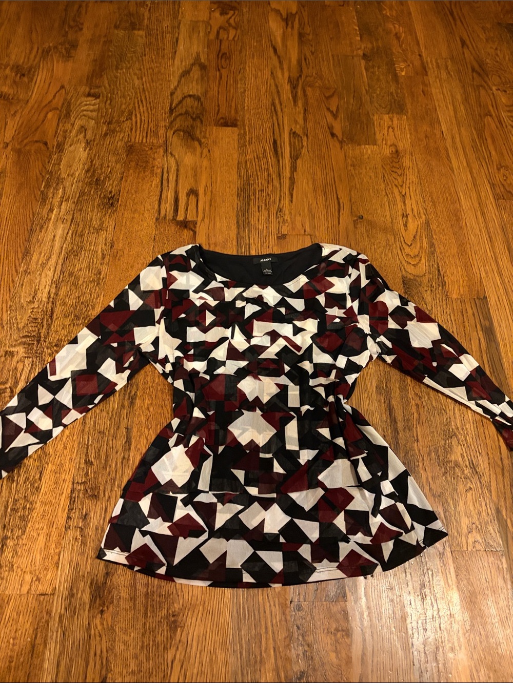 Alfani Geometric Layered Peplum Top in Black, White & Burgundy